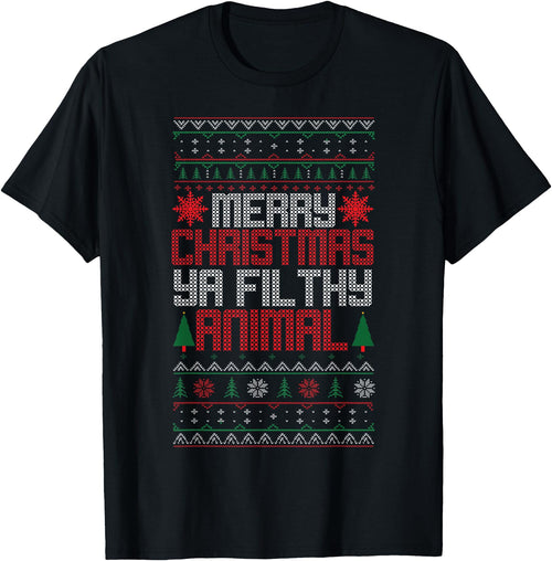Black crewneck T-shirt with multicolor Merry Christmas graphic front