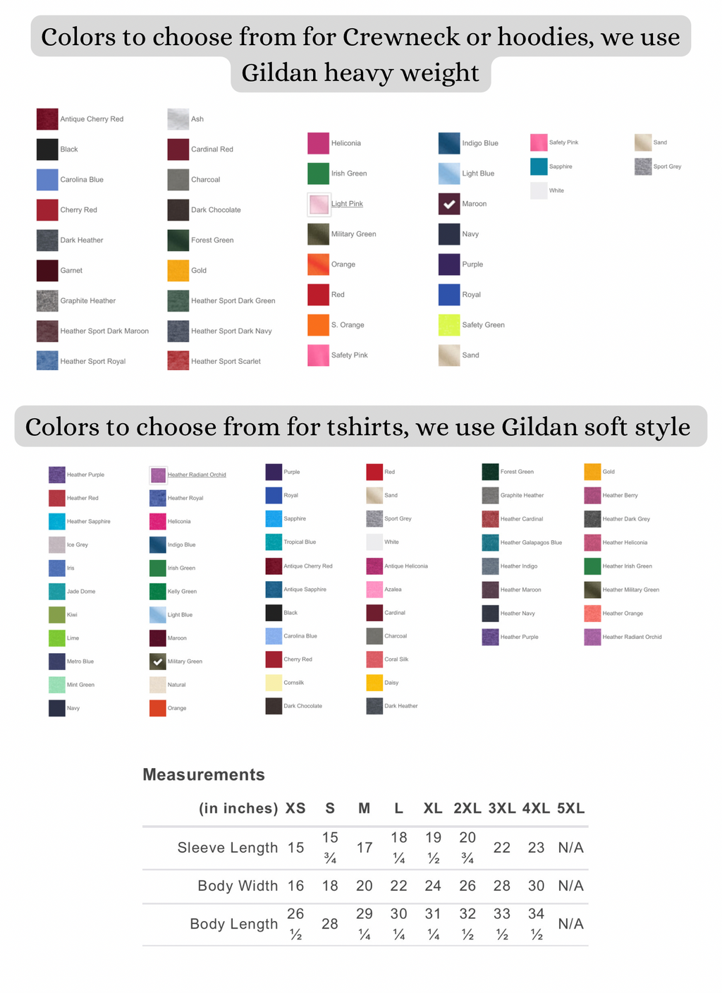 T-shirt color chart with fabric swatches and measurements grid