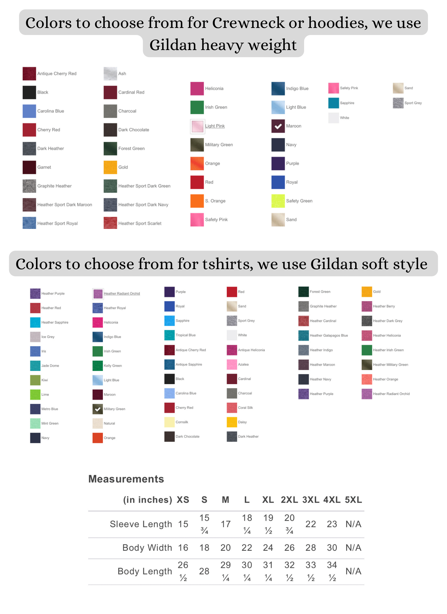 T-shirt color chart with fabric swatches and measurements grid