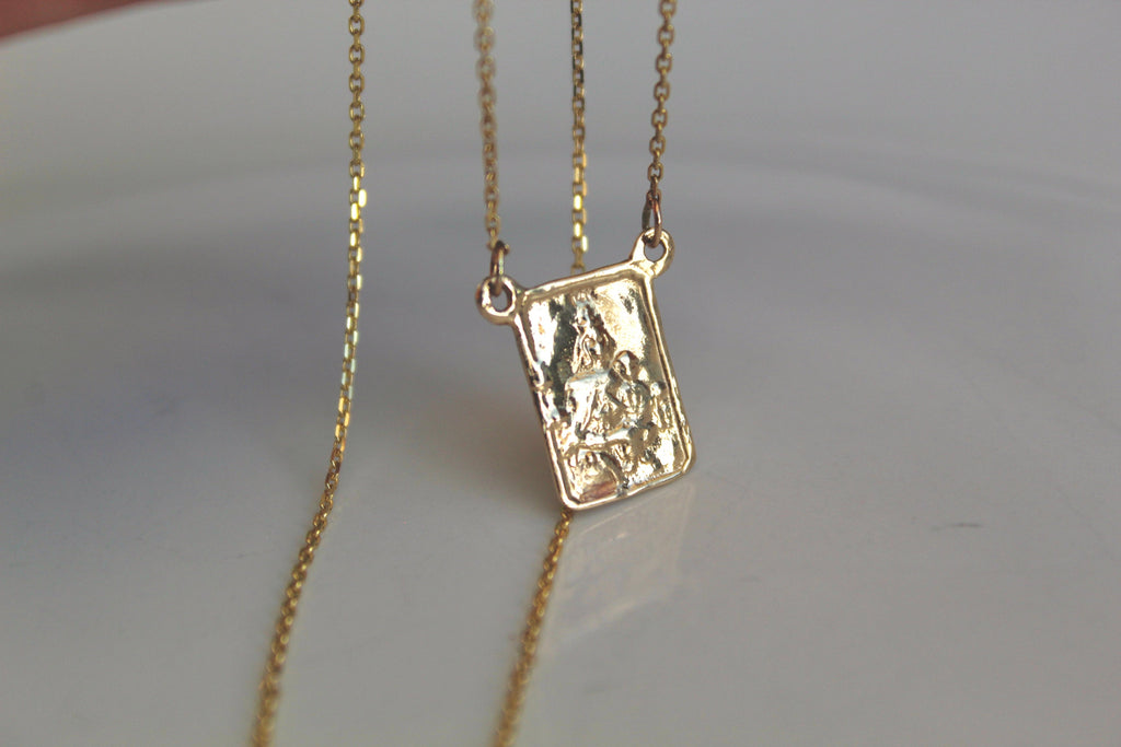 14K gold scapular pendant necklace, square saint portrait charm with top bail