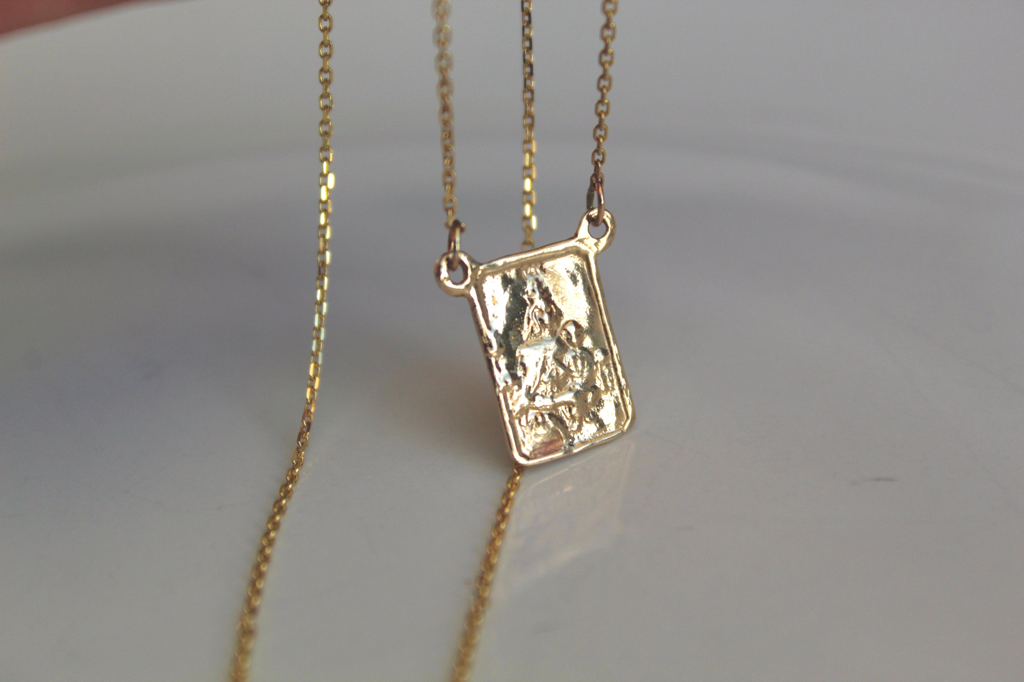 14K gold scapular pendant necklace, square saint portrait charm with top bail