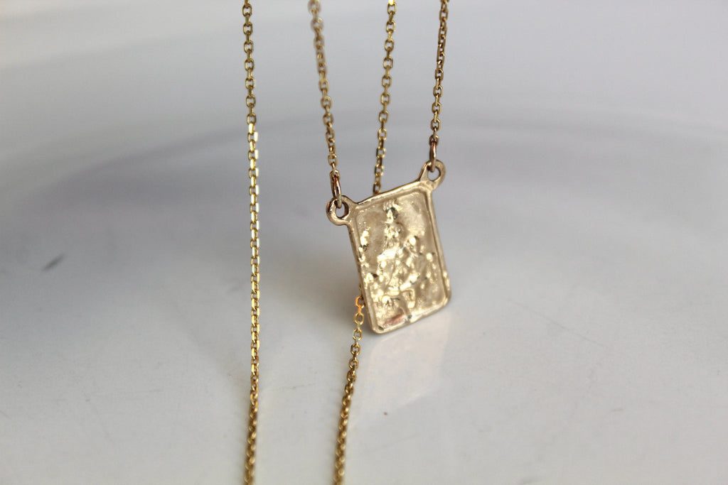 14K gold scapular pendant necklace with square charm and two fine chain strands