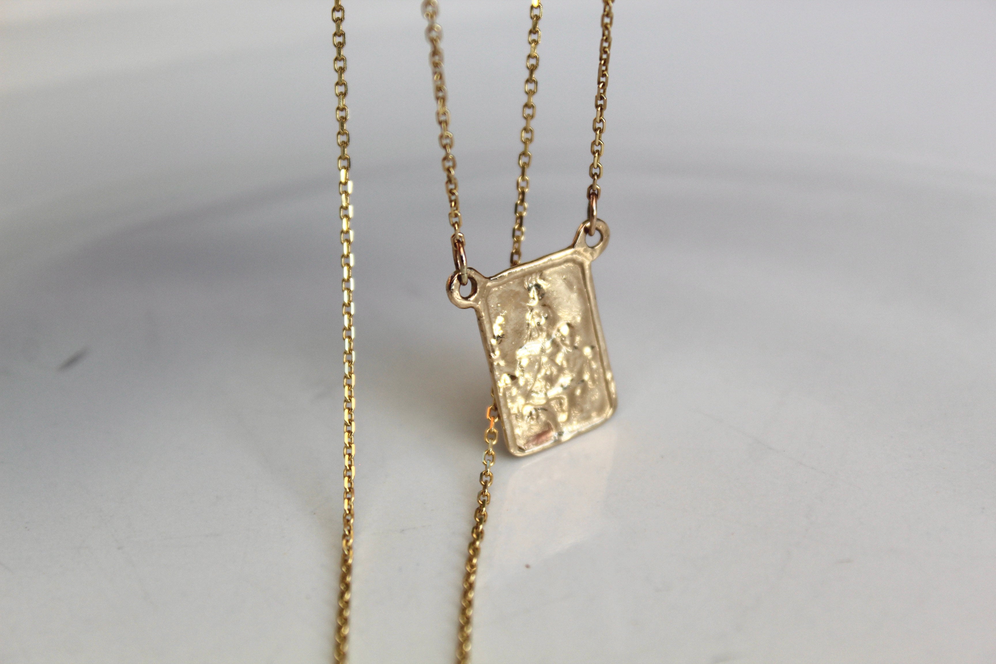 14K gold scapular pendant necklace with square charm and two fine chain strands