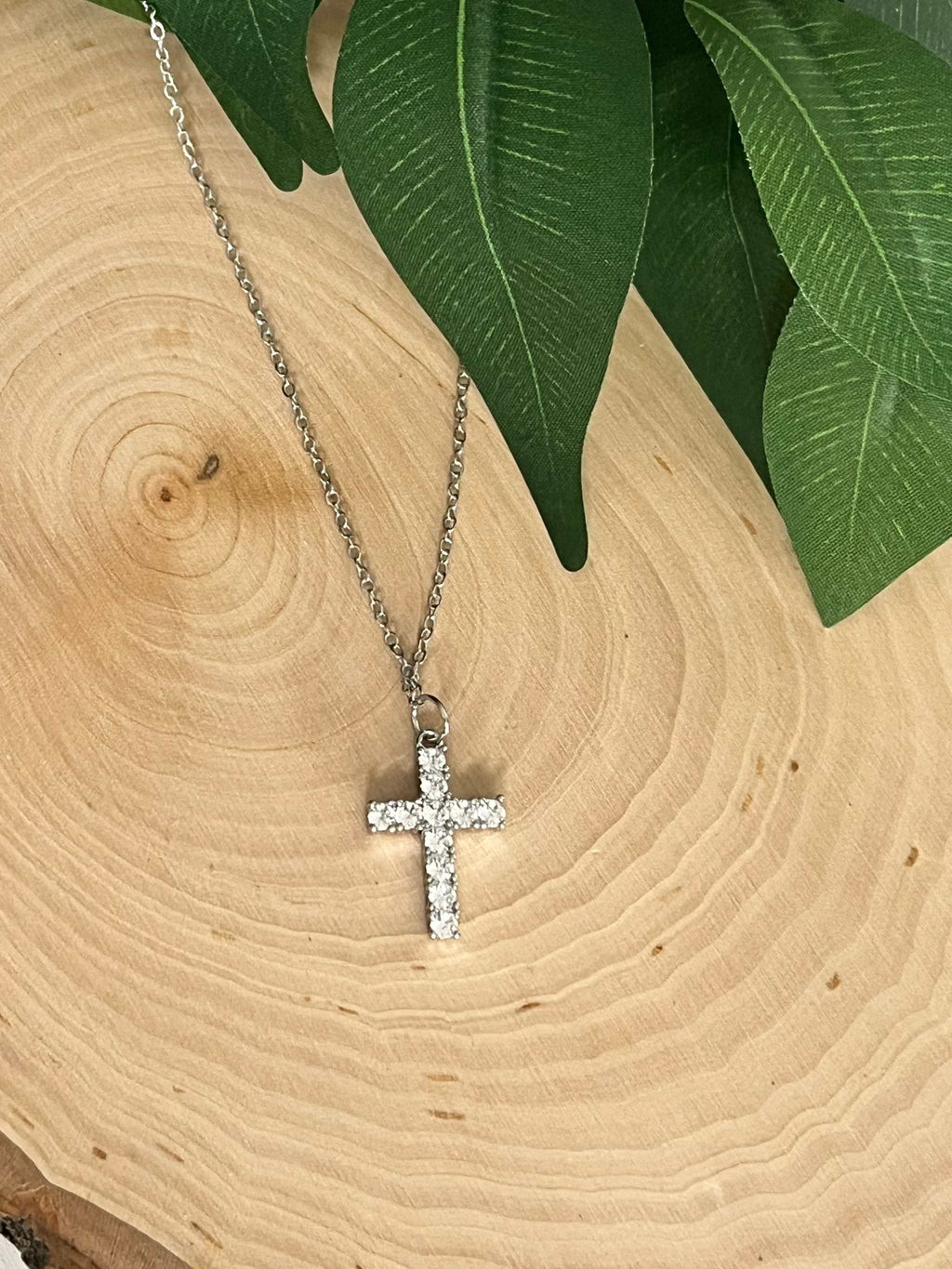 Silver cross pendant necklace with rhinestone cross and fine chain