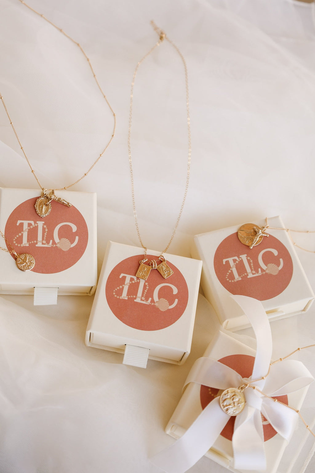 Gold vermeil scapular necklace with gold charm pendant on delicate chain