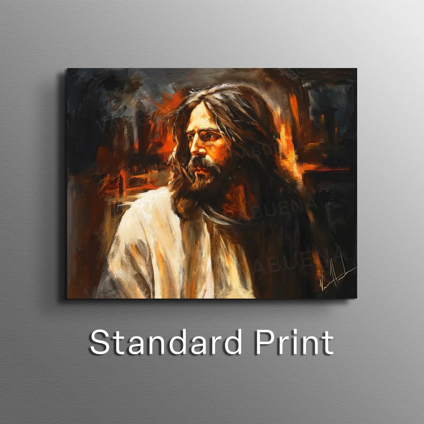 Our Beloved King wall print of a bearded man in white robe with fiery orange glow