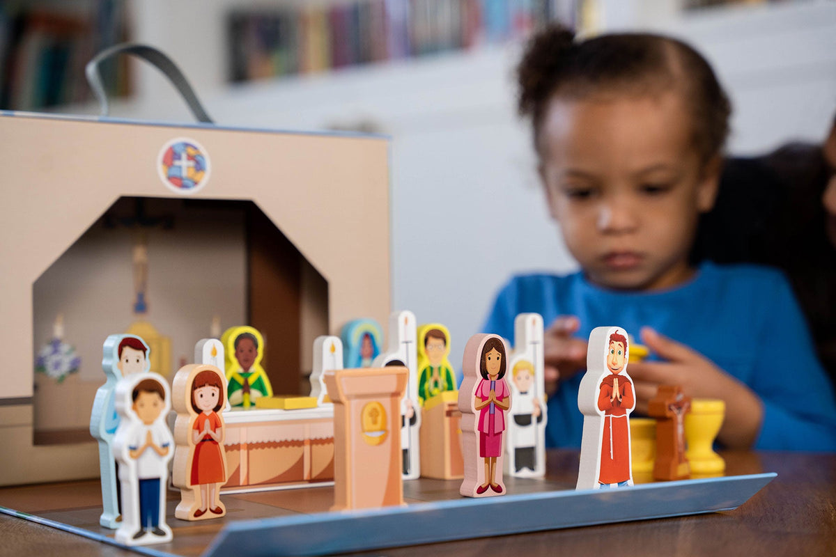 Church playset close-up with colorful standing figures and altar pieces