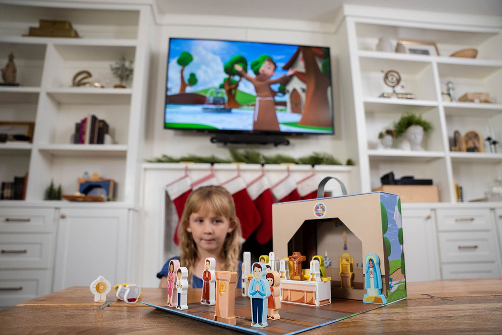 Church playset on table with miniature characters, altar, and accessories