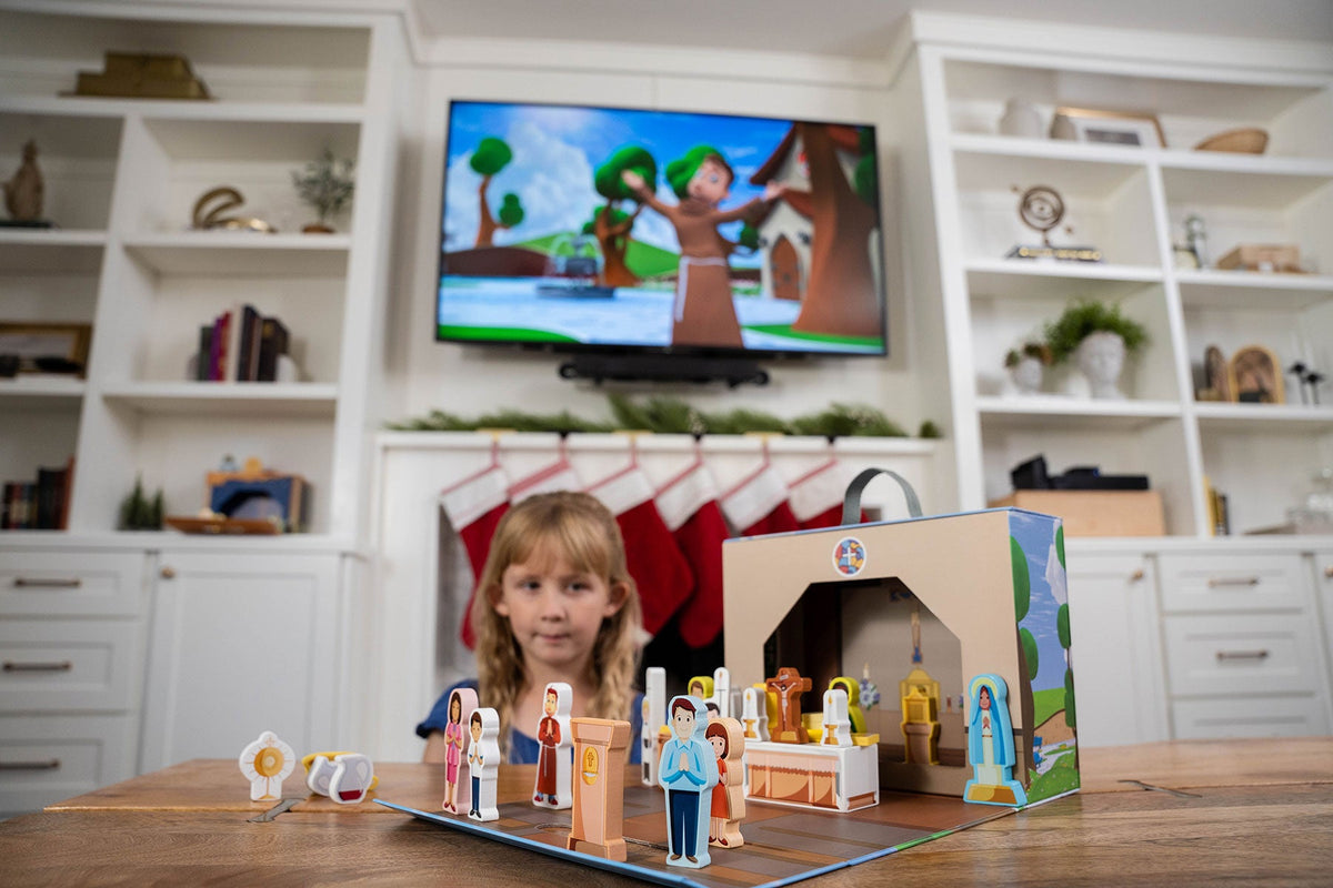 Church playset on table with miniature characters, altar, and accessories