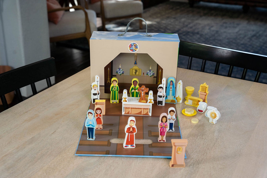 Church playset open on table with colorful character figures and altar setup