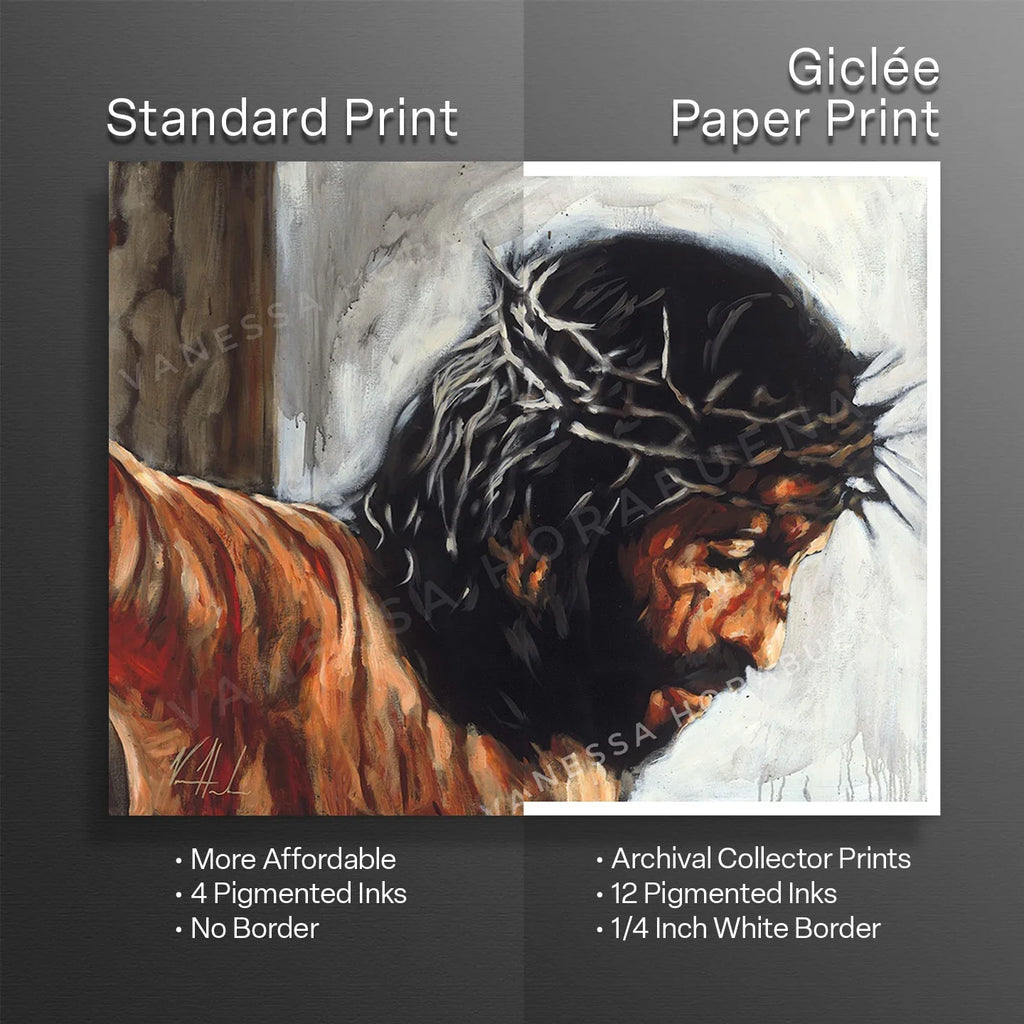 Split view of art print and paper print, both show a crowned man with red highlights