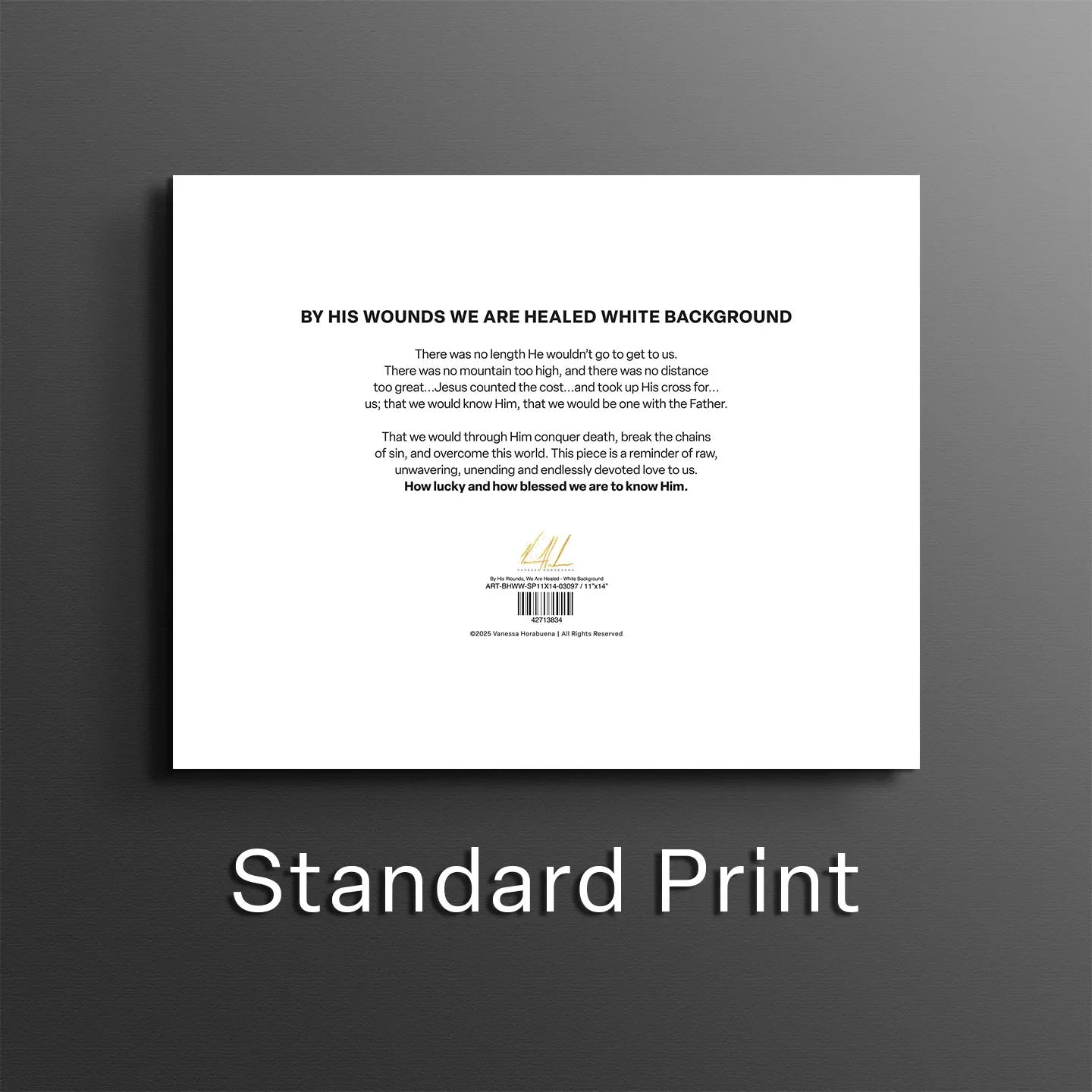 White art print with small centered scripture text and logo