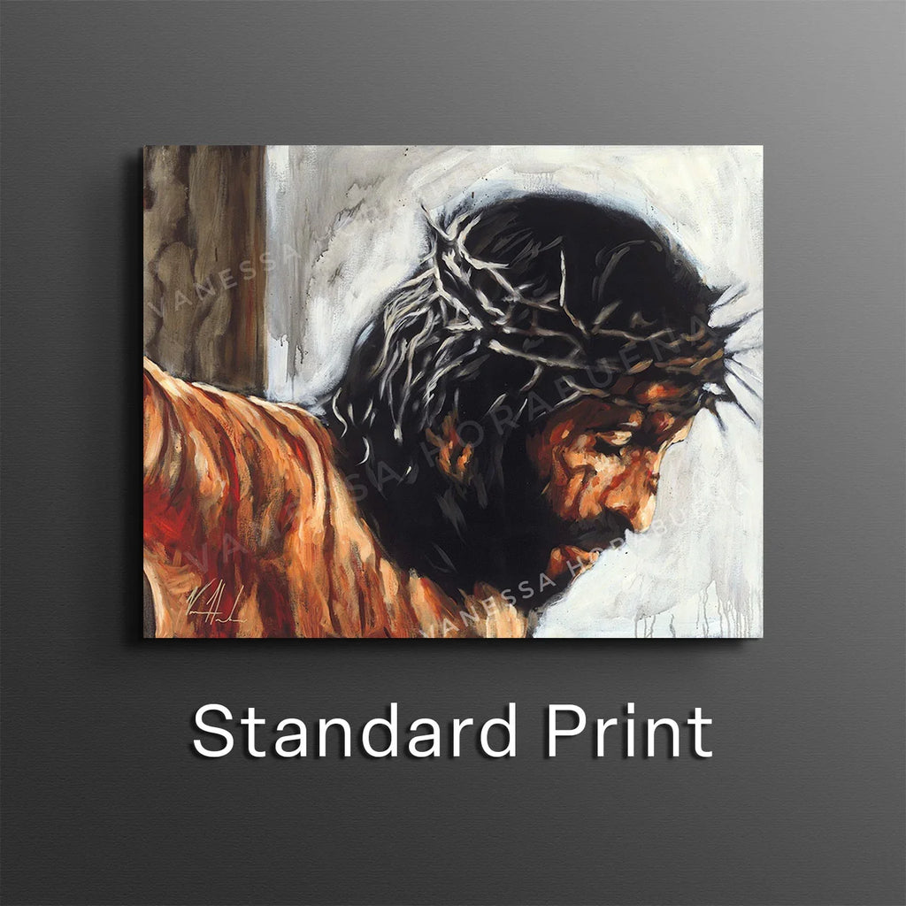 Framed art print of a crowned man, dark tones with red highlights