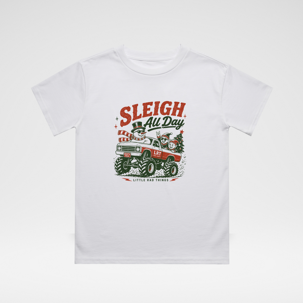 White toddler Christmas t-shirt with “Sleigh All Day” monster truck logo graphic