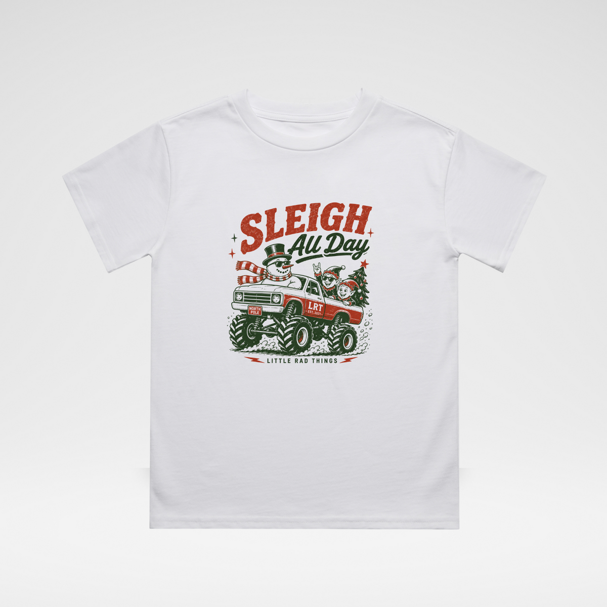 White toddler Christmas t-shirt with “Sleigh All Day” monster truck logo graphic
