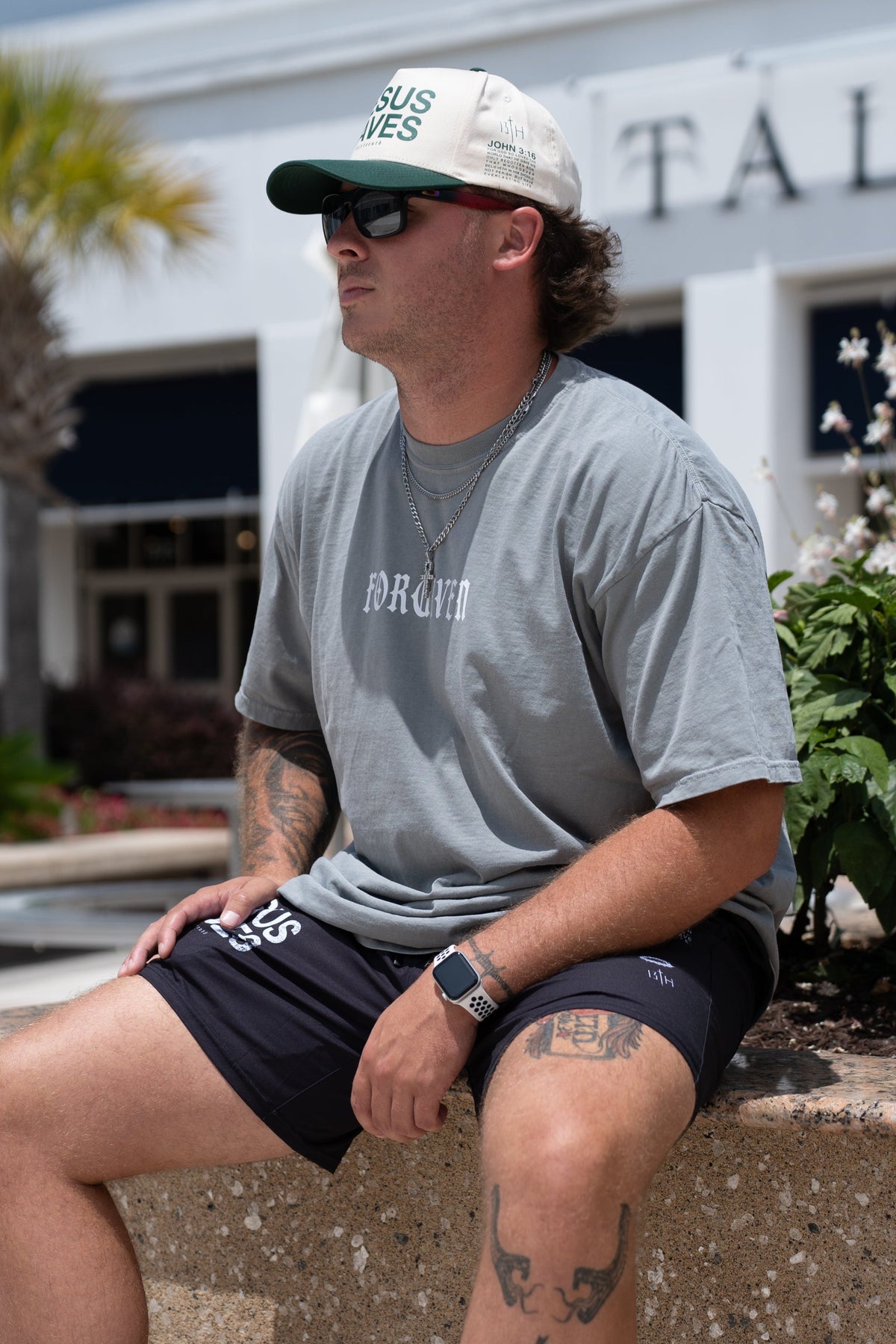 Gray premium tee with small chest FORGIVEN logo, crew neck short sleeves