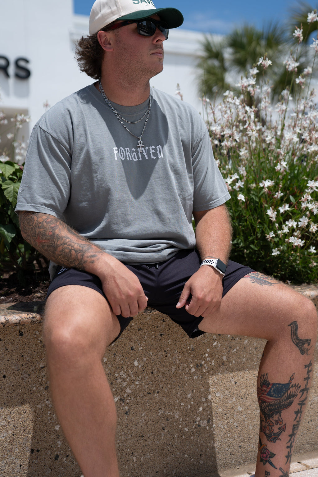 Gray premium tee with small chest FORGIVEN graphic text, crew neck short sleeves