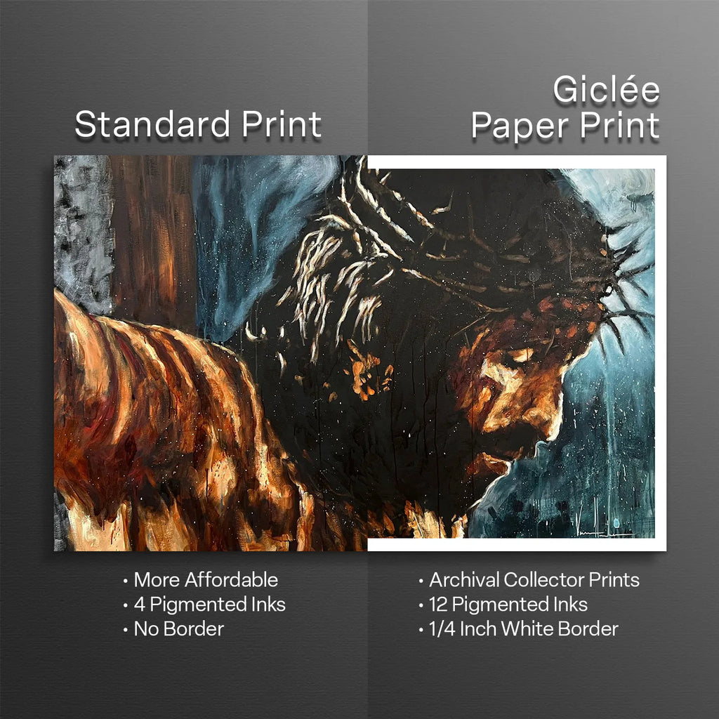 Print comparison panel with Jesus artwork and border/ink detail labels