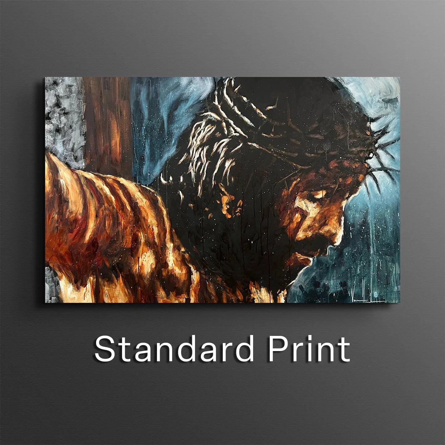 Standard print artwork of Jesus with crown of thorns, blue and brown tones