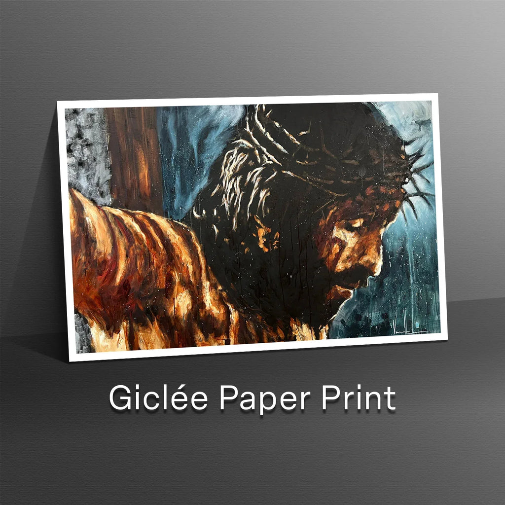 Giclée paper print artwork of Jesus face in profile with blue and dark tones