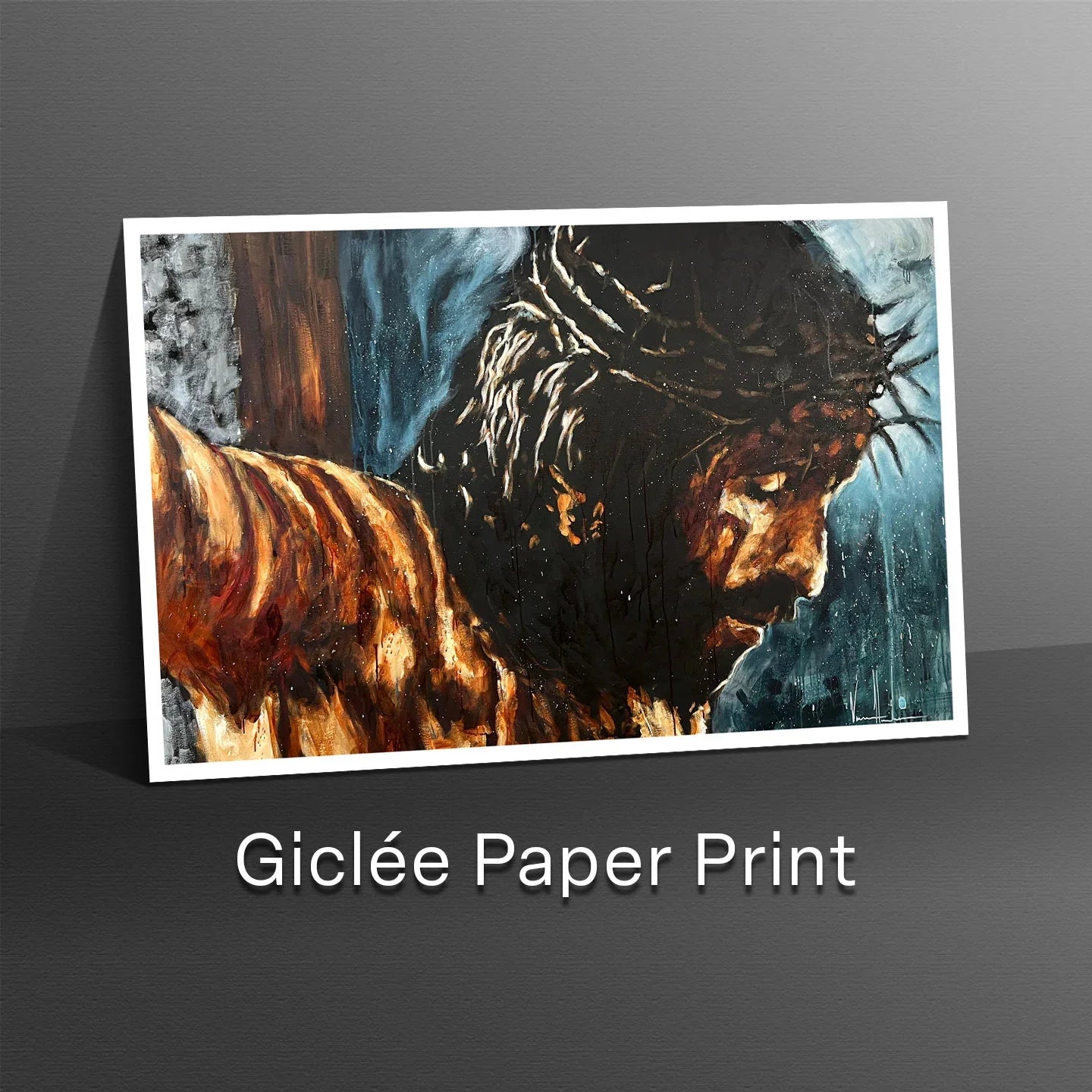 Giclée paper print artwork of Jesus face in profile with blue and dark tones