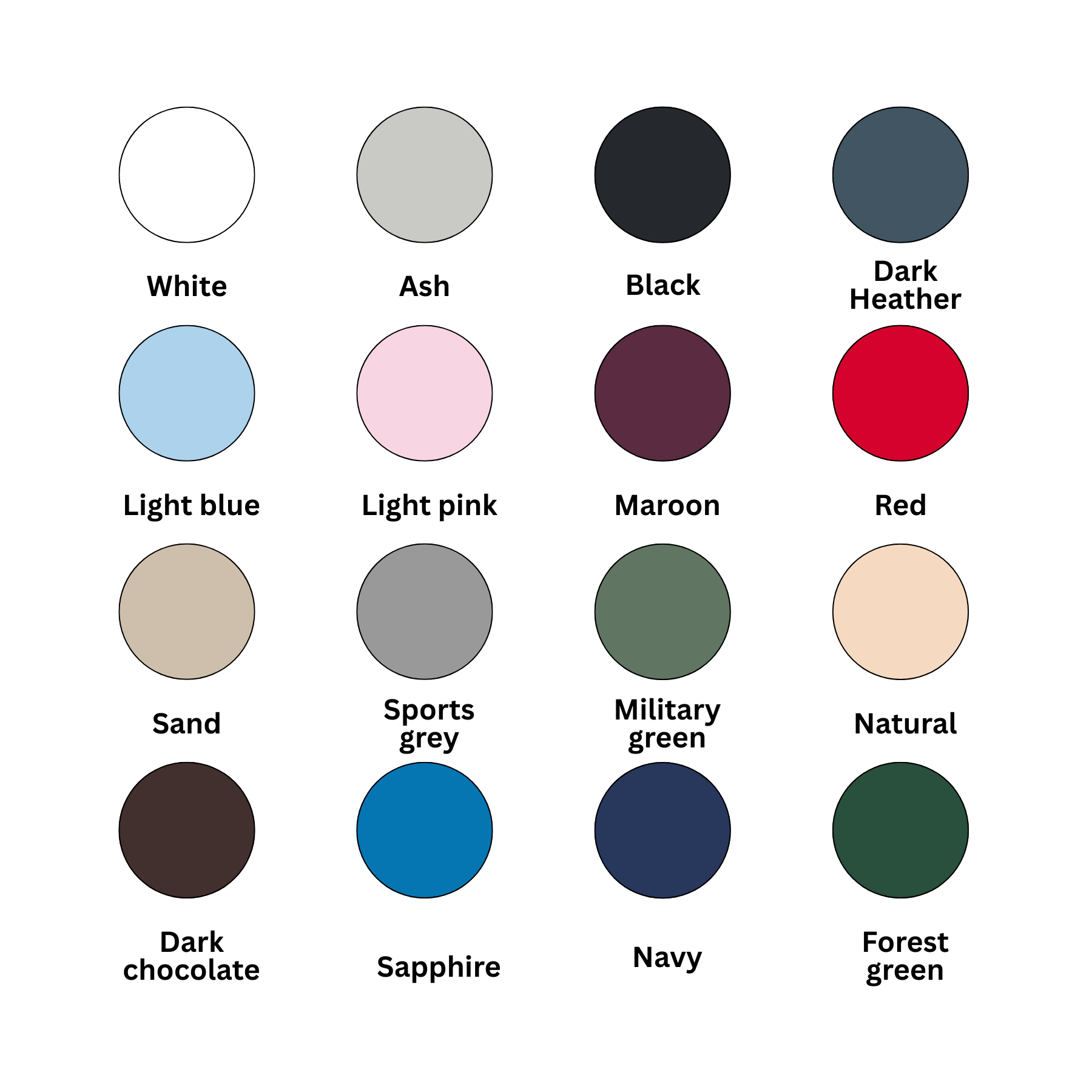 T-shirt color options chart showing White, Ash, Black, Dark Heather, Light blue, Light pink