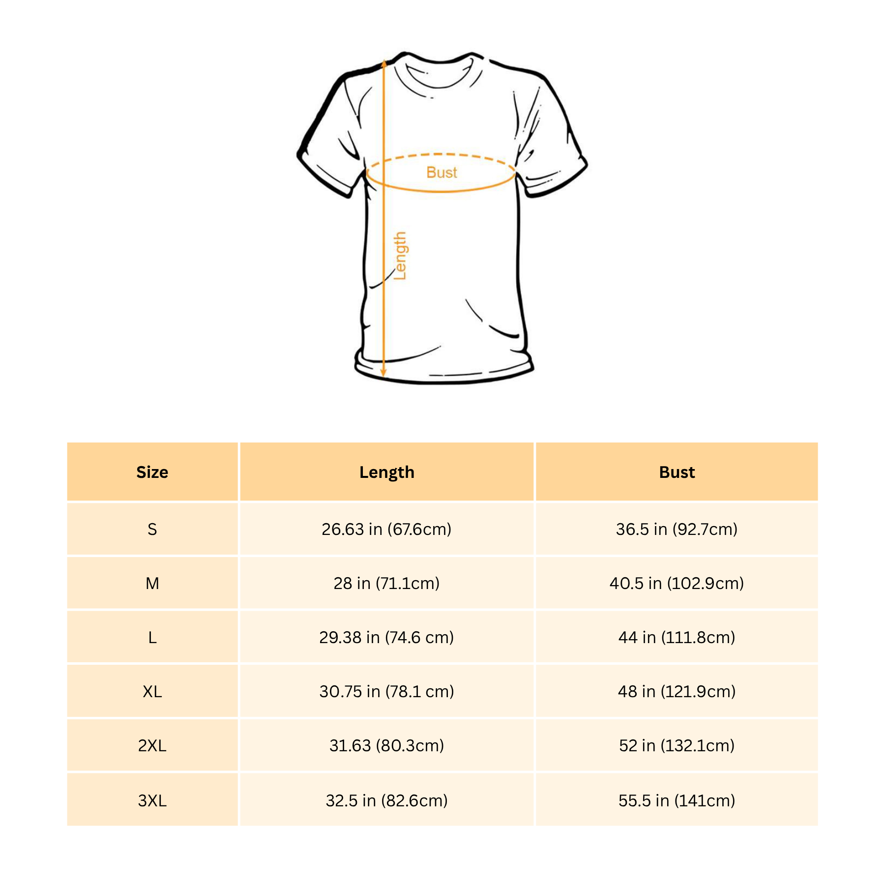 T-shirt size chart showing bust and length measurements for S to 3XL