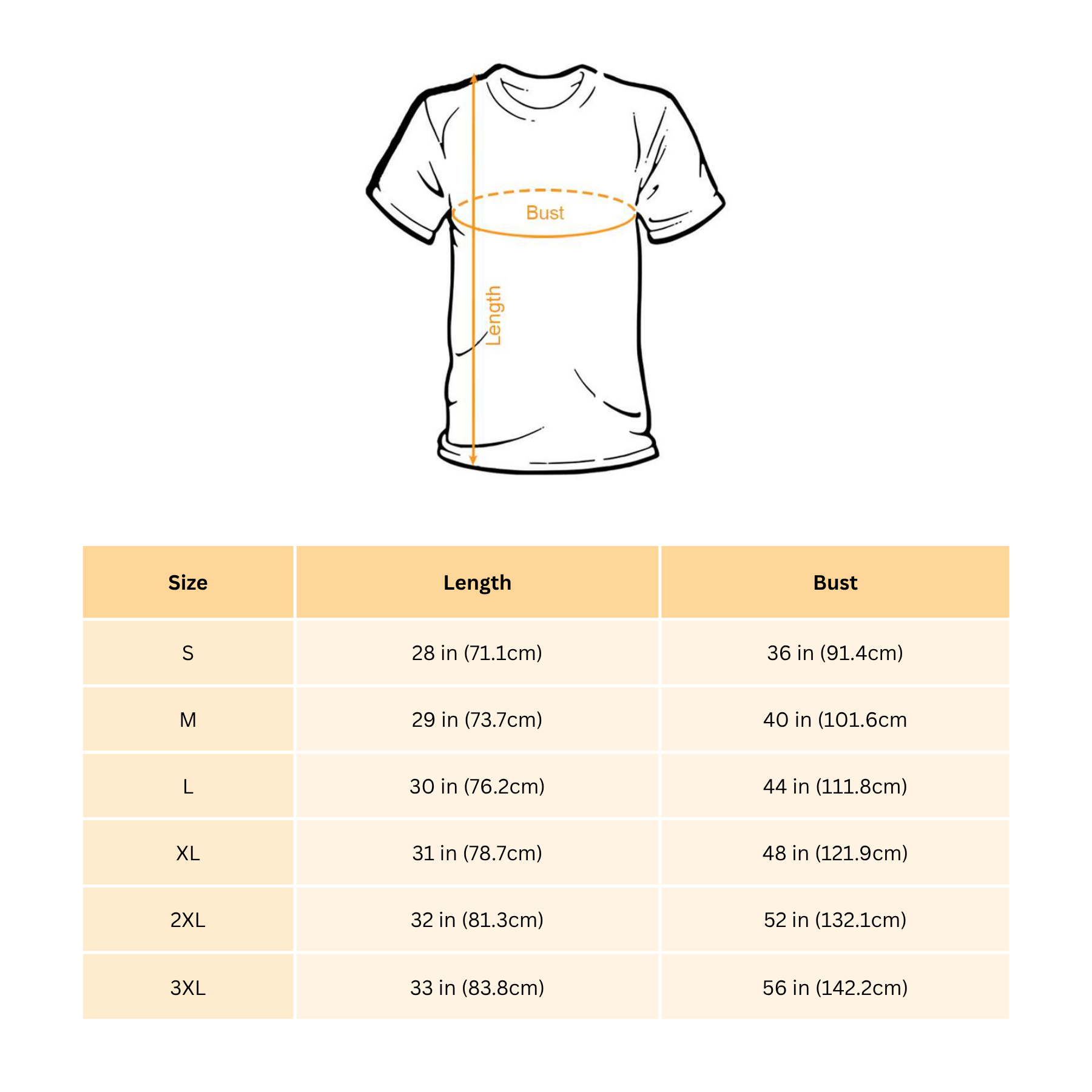 T-shirt size chart diagram with length and bust measurements