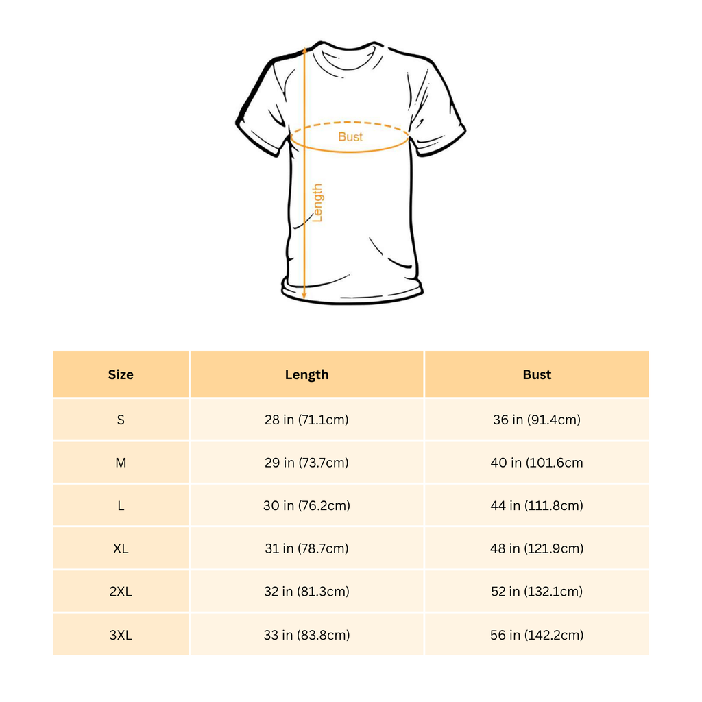 T-shirt size chart diagram with bust and length measurement guide