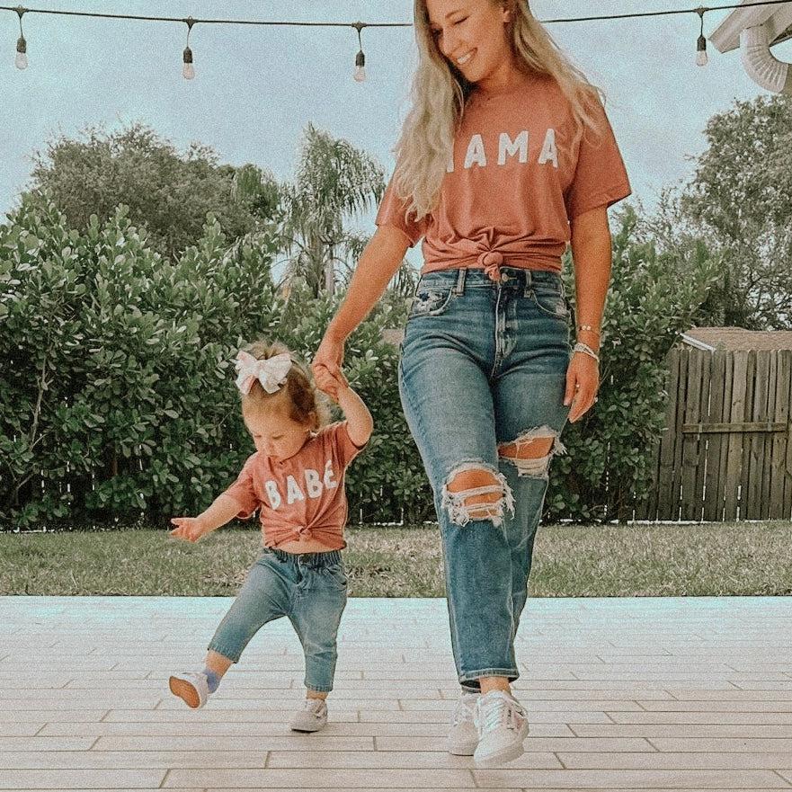 Dusty rose toddler T-shirt with white "BABE" graphic