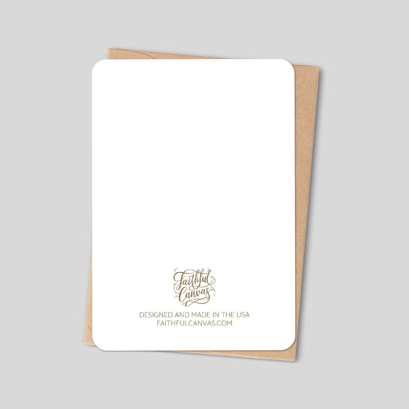 Christian greeting card back with Faithful Canvas logo and designed in the USA text