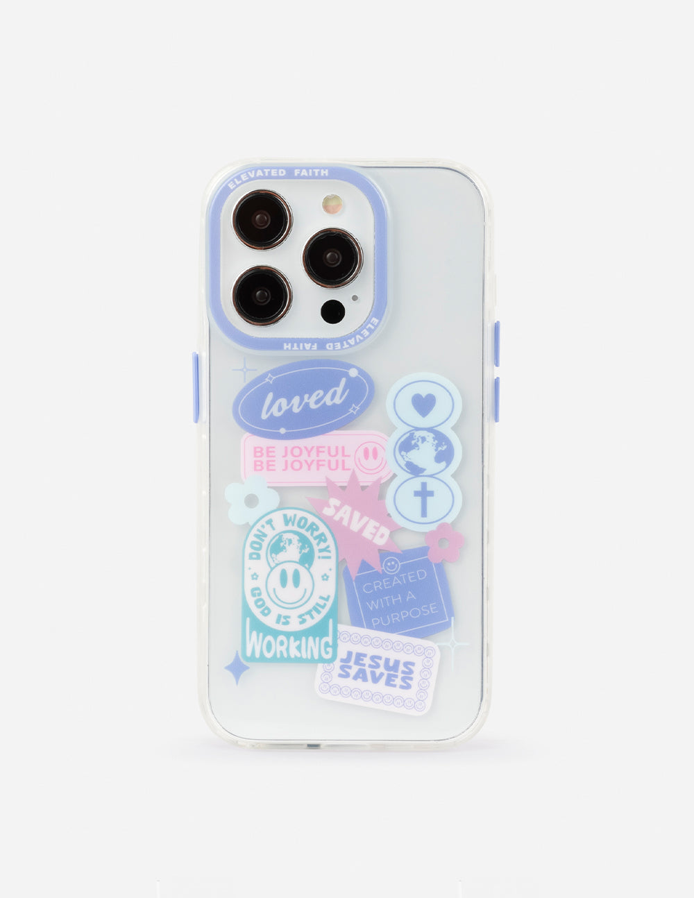 Translucent light-blue phone case with heart icons and faith quote design