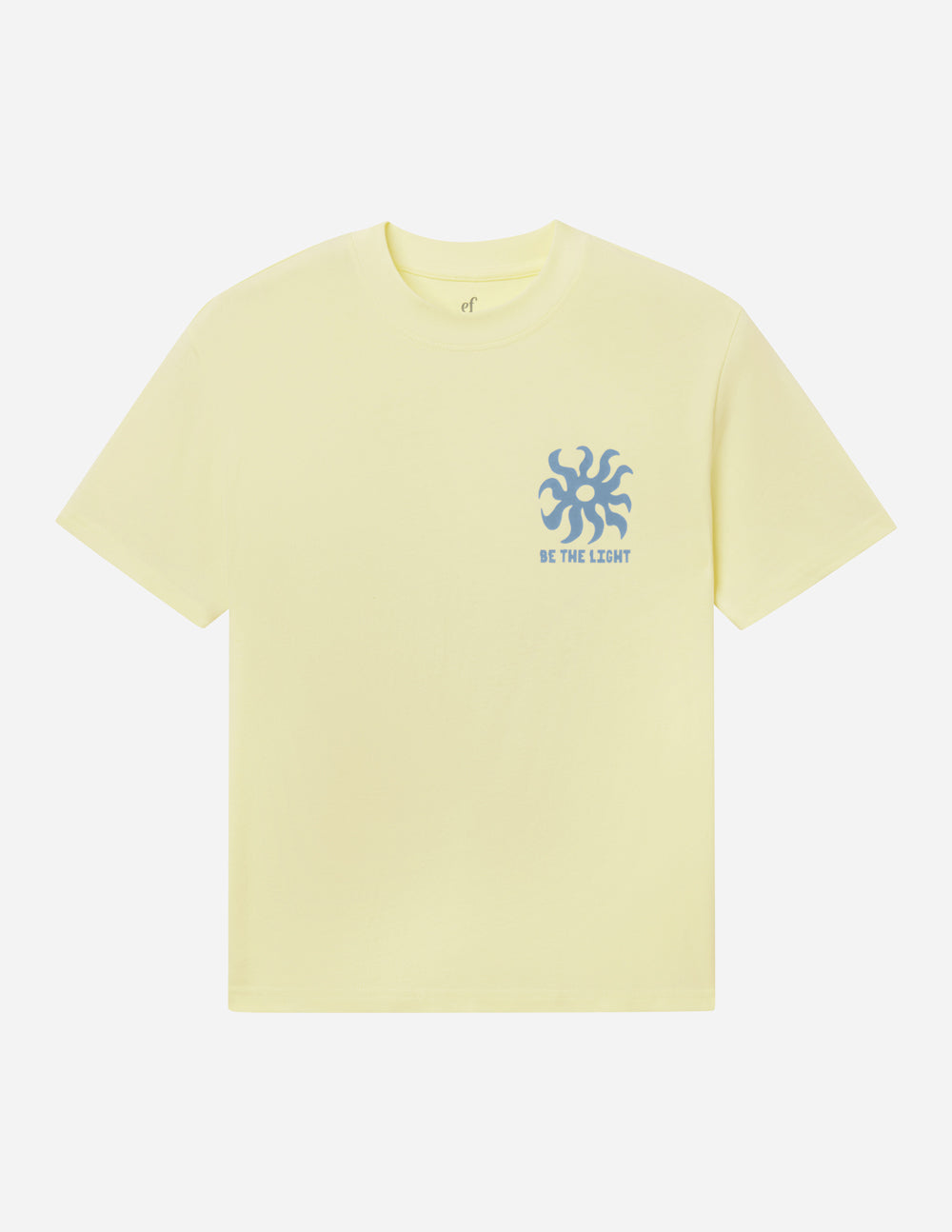 Yellow unisex T-shirt with small blue sunburst logo on left chest