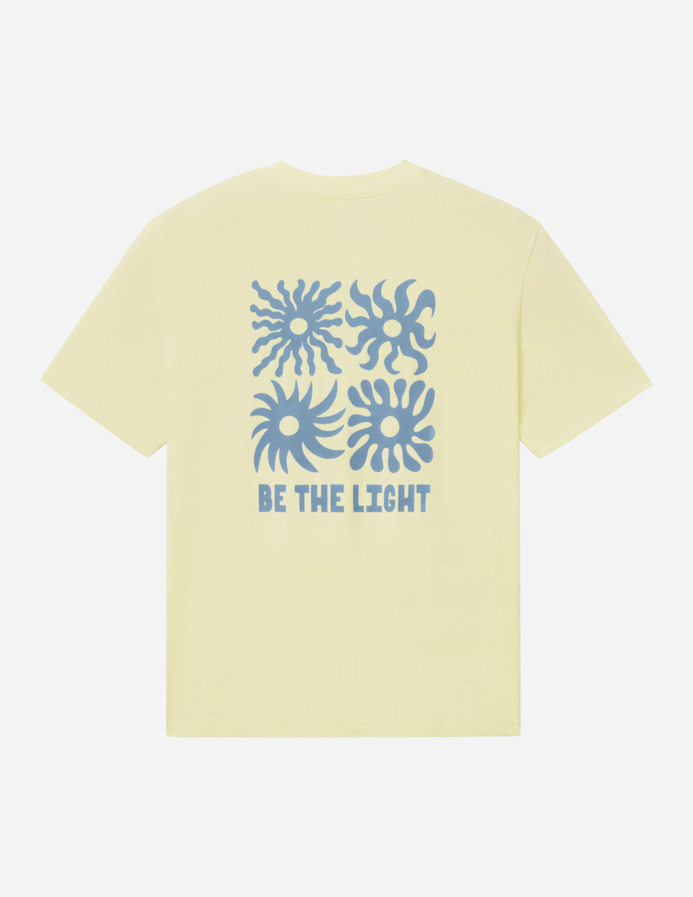 Yellow unisex T-shirt with large blue sunburst graphic and BE THE LIGHT text