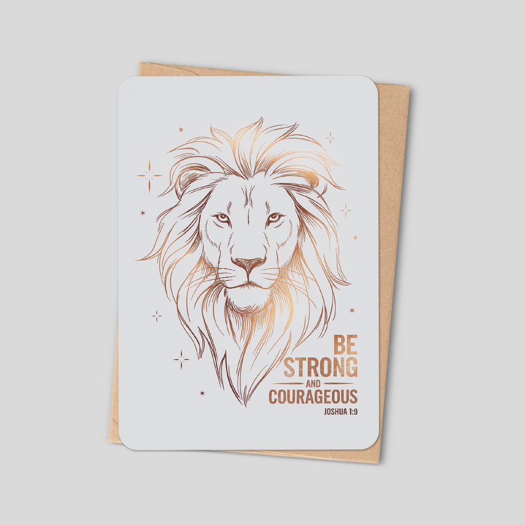 Lion illustration greeting card with “Be strong and courageous” and Joshua 1:9 text