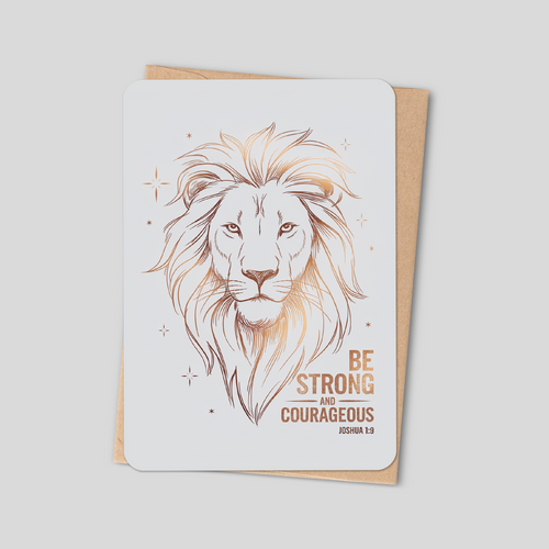Lion illustration greeting card with “Be strong and courageous” and Joshua 1:9 text