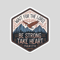 Hexagon Bible verse sticker: eagle over mountains, “BE STRONG TAKE HEART”
