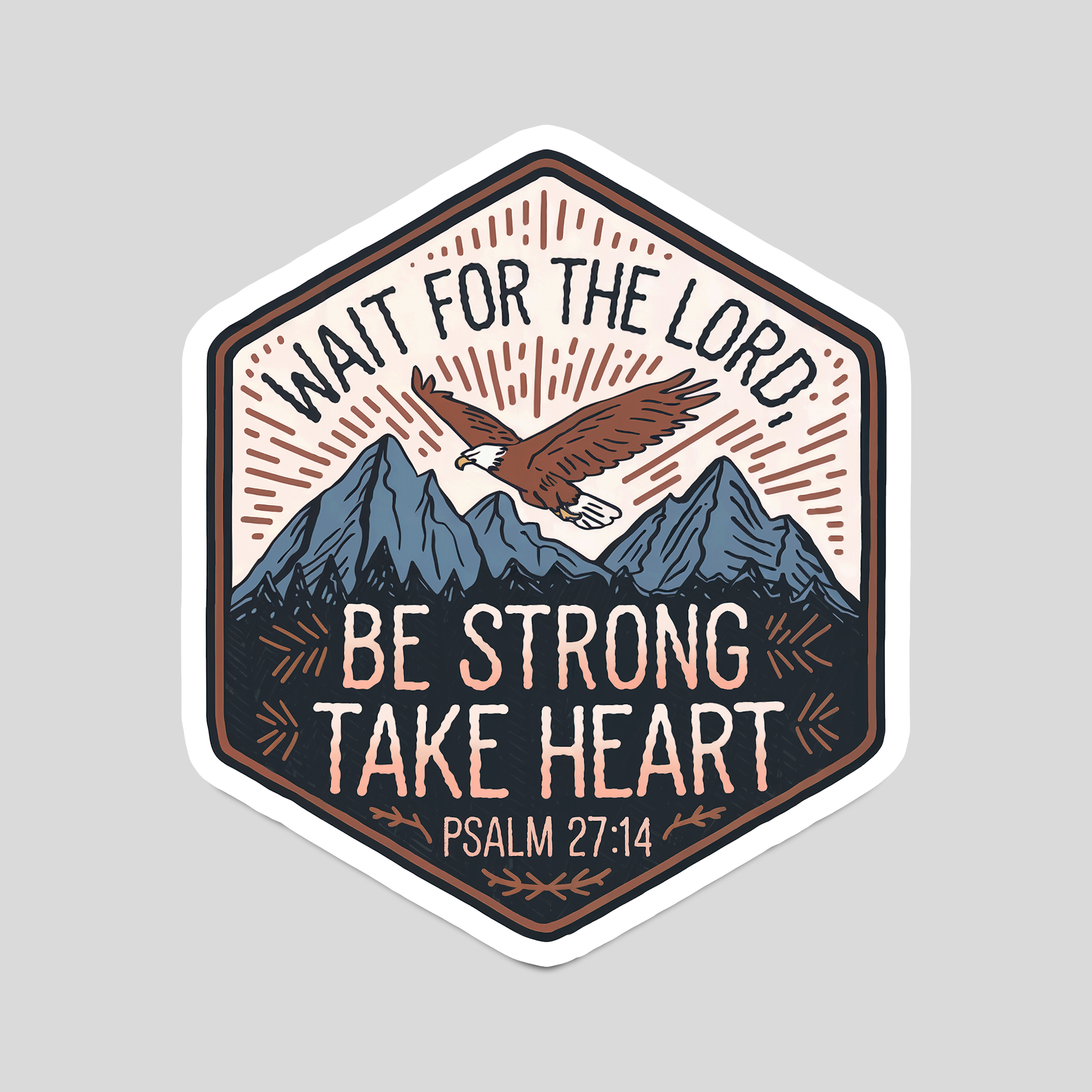 Hexagon Bible verse sticker: eagle over mountains, “BE STRONG TAKE HEART”