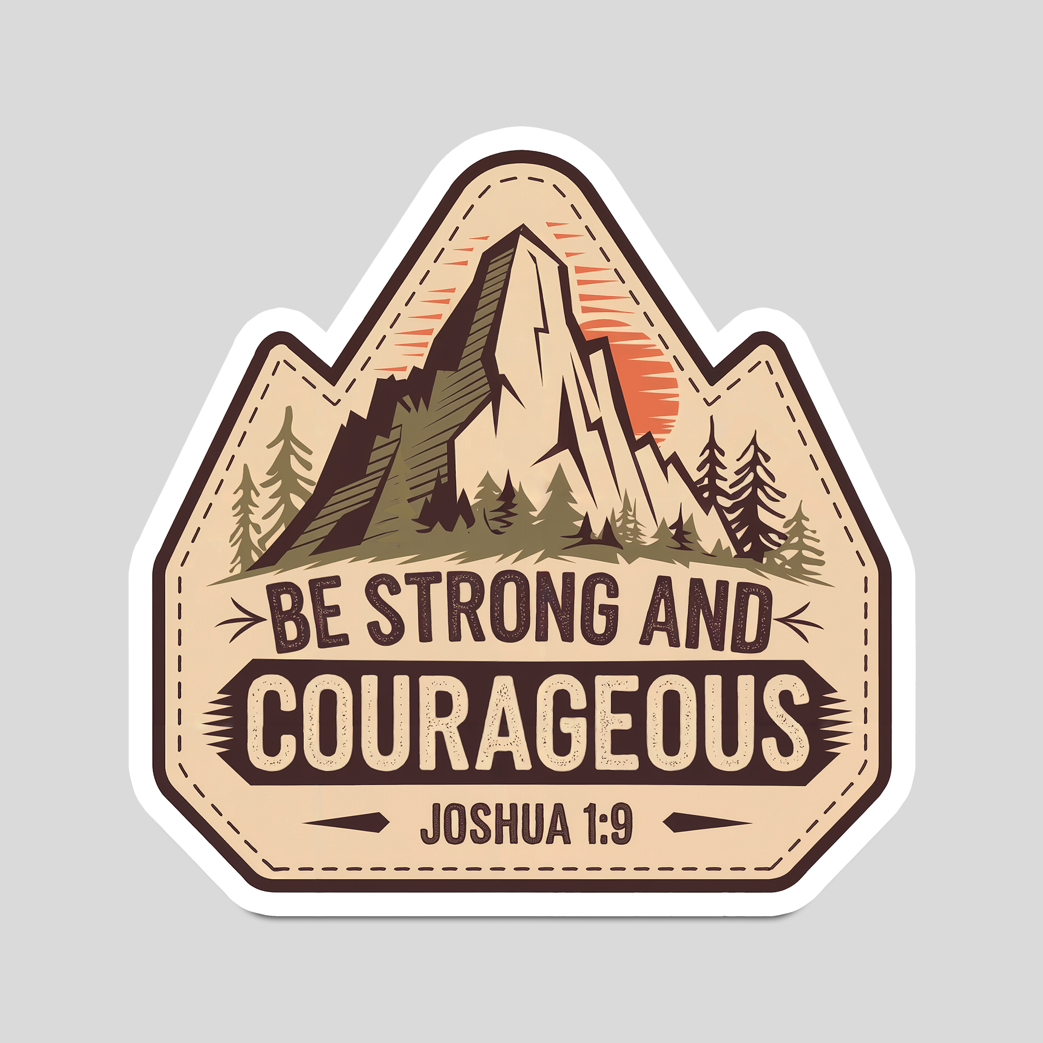 Christian verse sticker: mountains and “Be strong and courageous, Joshua 1:9”.