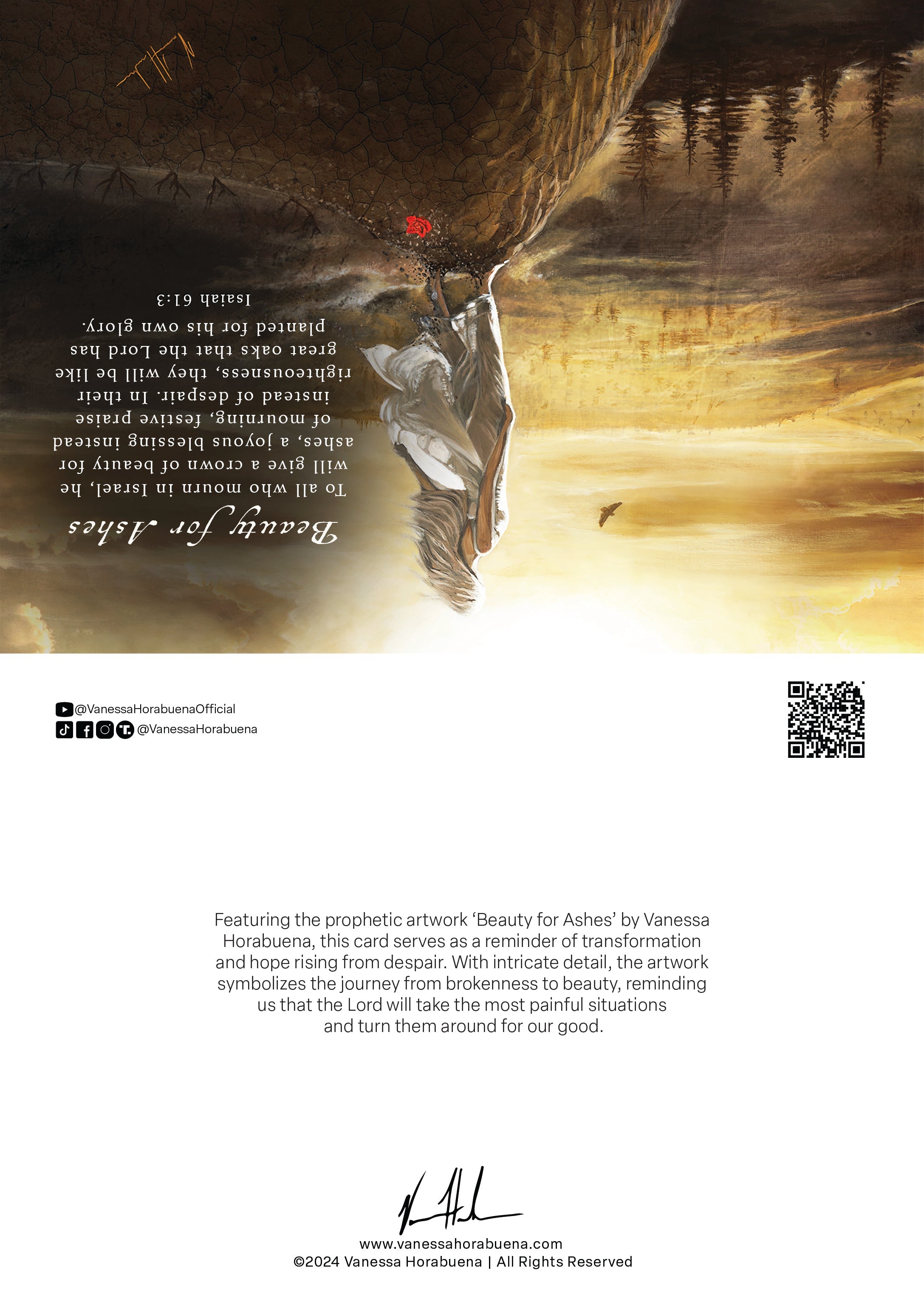 Inspirational greeting card back with verse text and QR code