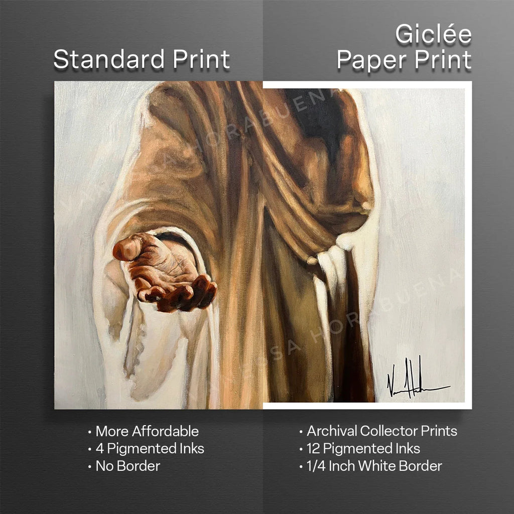 Art print with robed figure and clasped hands, warm browns, white border