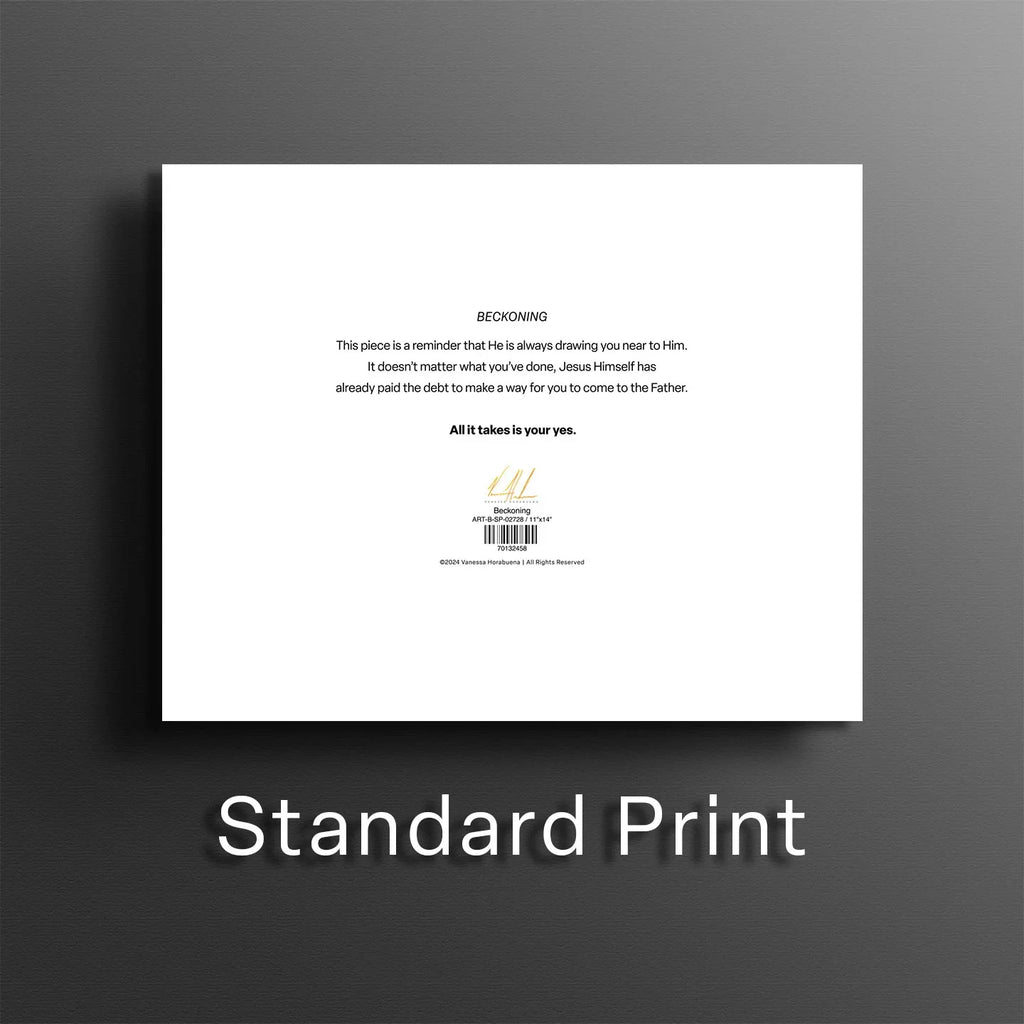 Art print back sheet with centered text and small label near bottom