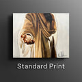 Art print in white mat featuring a robed figure and clasped hand gesture, warm browns
