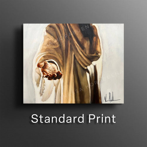 Art print in white mat featuring a robed figure and clasped hand gesture, warm browns