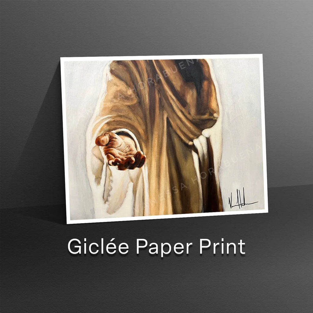 Art print in white mat featuring a robed figure with raised arm and clasped hands