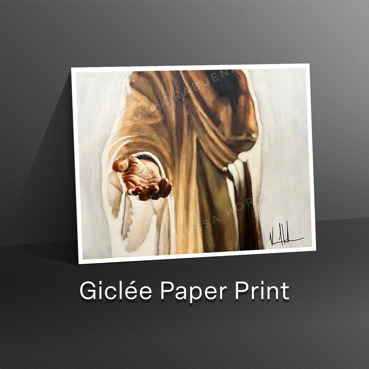 Art print in white mat featuring a robed figure with raised arm and clasped hands
