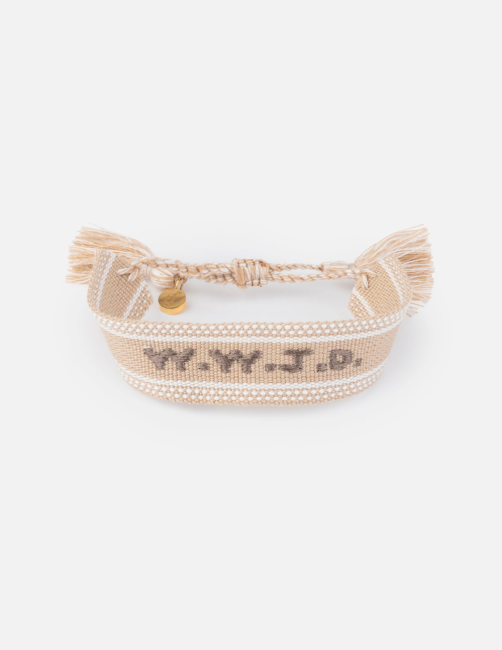 Beige embroidered bracelet with WWJD text and tassel ties, adjustable woven band