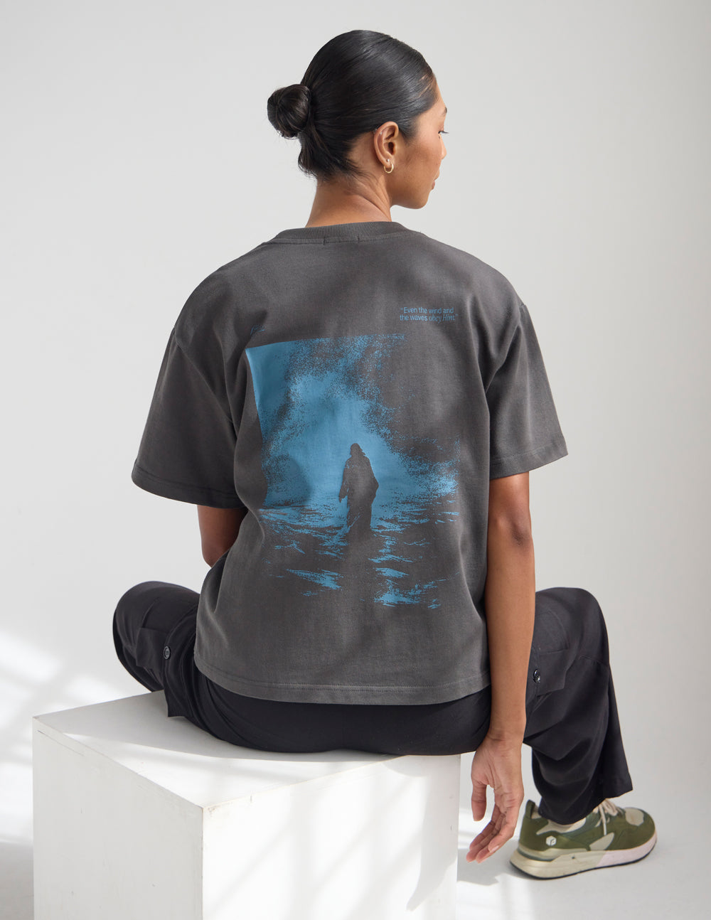 Dark gray heavyweight T-shirt with blue back graphic and crew neck