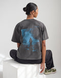 Dark gray heavyweight T-shirt with blue back graphic and crew neck