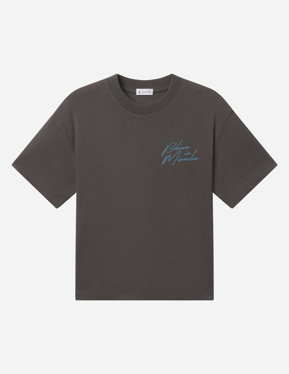 Dark gray T-shirt with cursive logo on the chest, crew neck